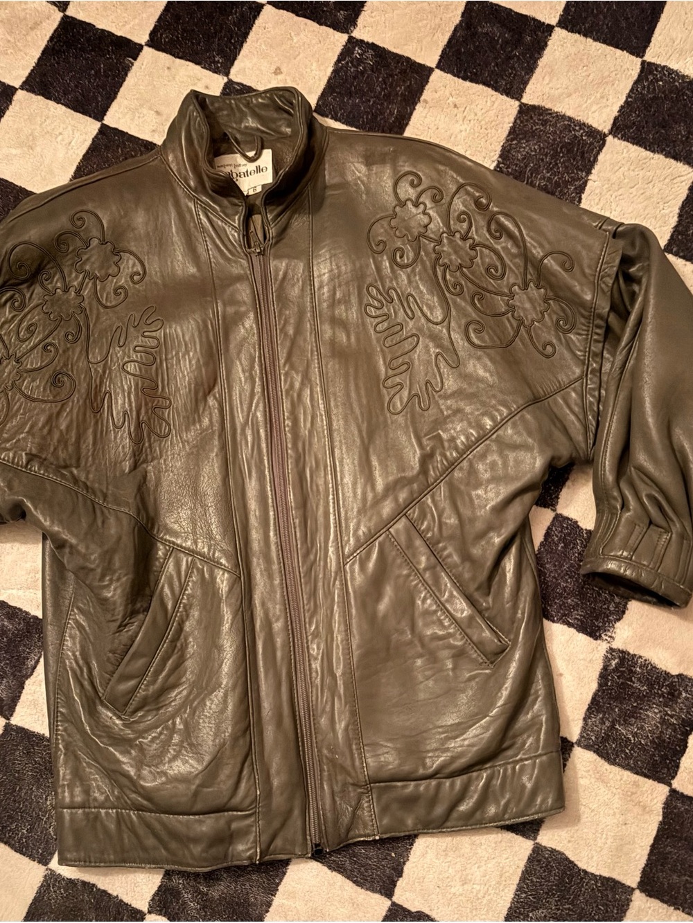 bagatelle Olive Green Leather Bomber Jacket with Embossed Floral Panels